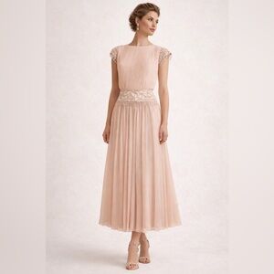Miss Elliette Blush Pink Pleated Beaded Chiffon Midi Gown Dress M